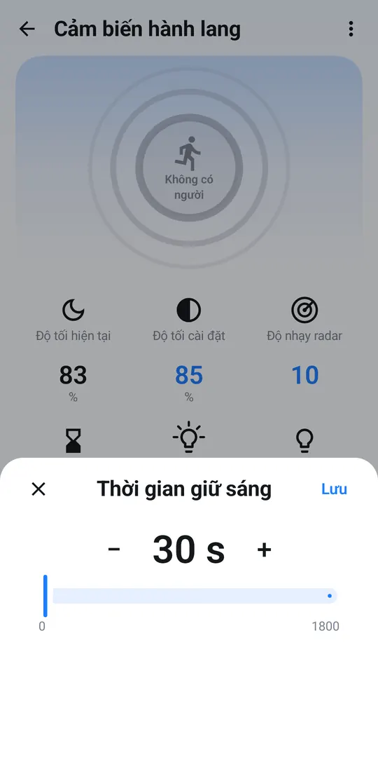 Khung chỉnh Thời gian giữ sáng với giá trị 30 giây
