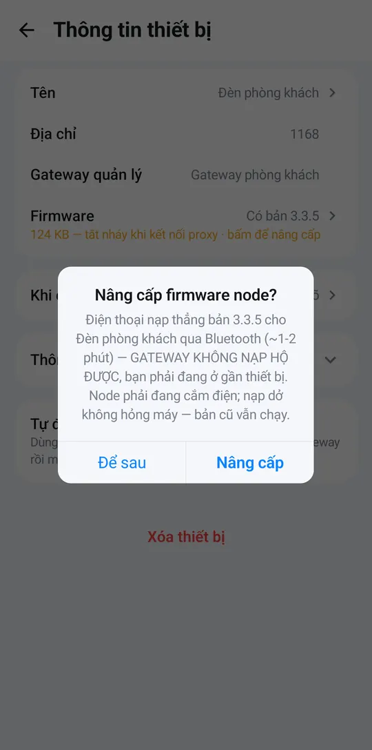 Hộp hỏi cập nhật với nút Để sau và Nâng cấp