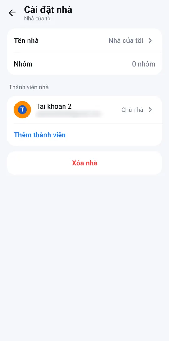 Cài đặt nhà với mục Thành viên nhà và nút Thêm thành viên