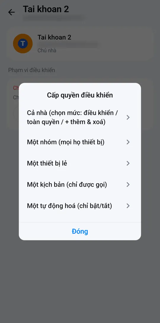 Khung Cấp quyền điều khiển: Cả nhà, Một nhóm, Một thiết bị lẻ, Một kịch bản, Một tự động hoá
