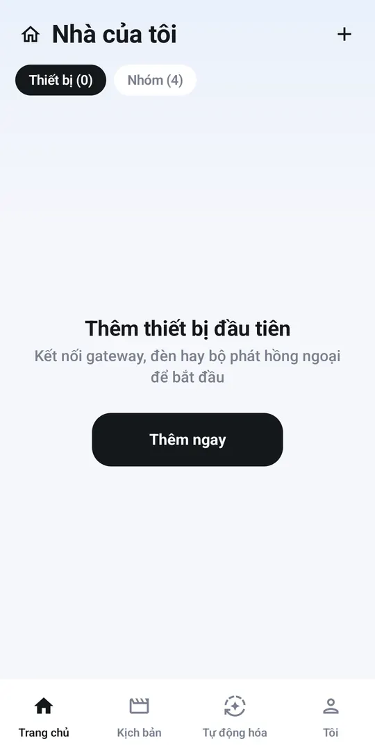 Trang chủ khi nhà chưa có thiết bị, có nút Thêm ngay