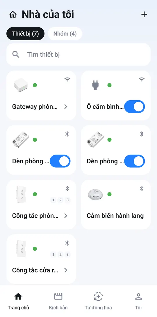 Trang chủ với bộ điều khiển, ổ cắm, đèn, công tắc, cảm biến đều chấm xanh