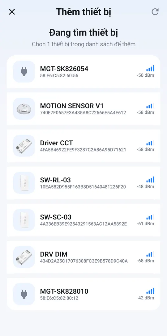 Danh sách thiết bị đang chờ, trong đó có driver đèn