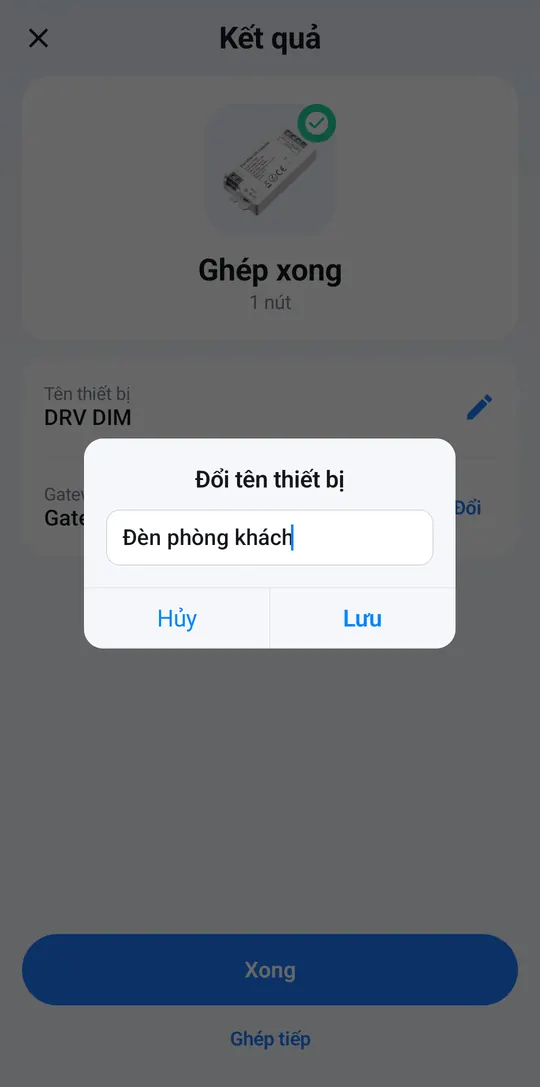 Hộp Đổi tên thiết bị với tên Đèn phòng khách