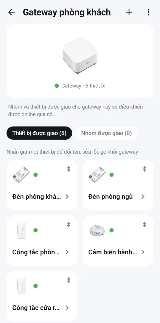 Trang bộ điều khiển trung tâm với 5 thiết bị được giao