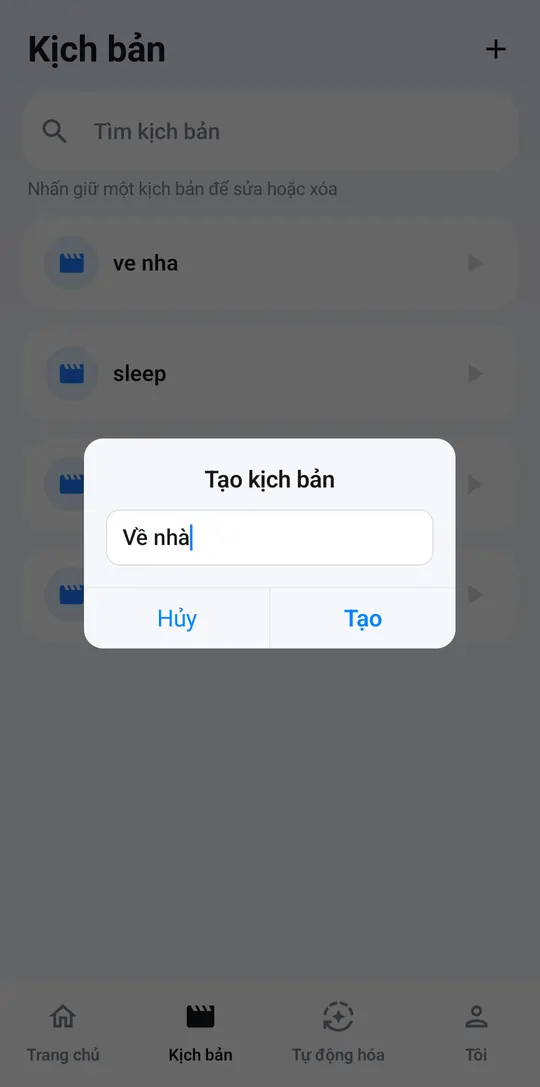 Hộp Tạo kịch bản với tên Về nhà