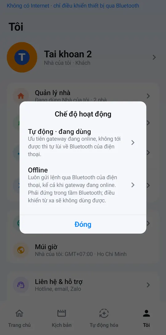 Khung Chế độ hoạt động: Tự động và Offline