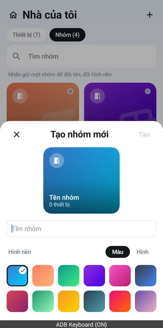 Khung Tạo nhóm mới với ô Tên nhóm và hình nền