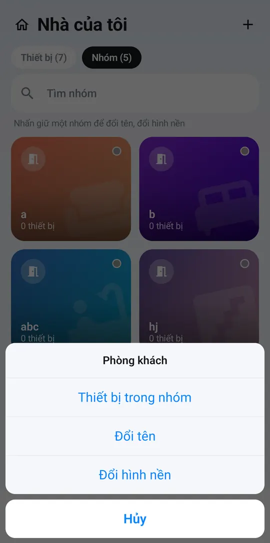 Nhấn giữ thẻ nhóm: Thiết bị trong nhóm, Đổi tên, Đổi hình nền