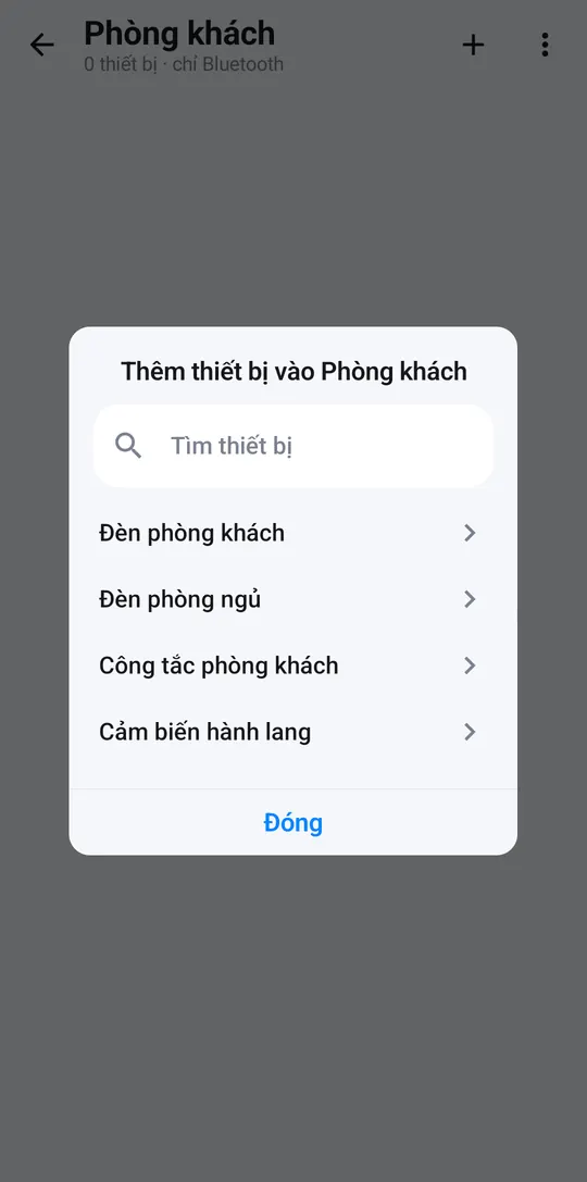 Danh sách đèn, công tắc, cảm biến để thêm vào nhóm Phòng khách