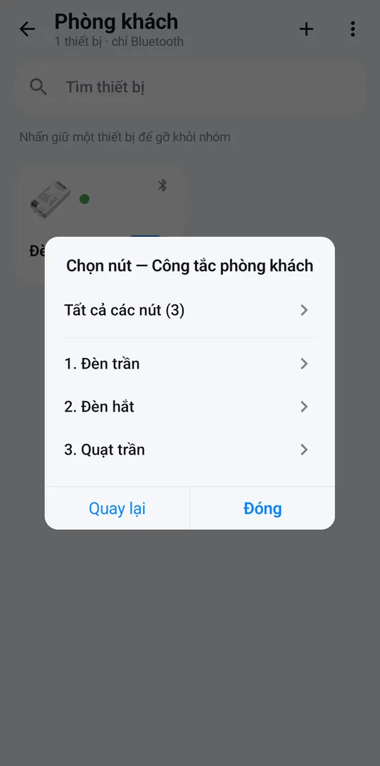 Chọn nút Đèn trần của công tắc phòng khách
