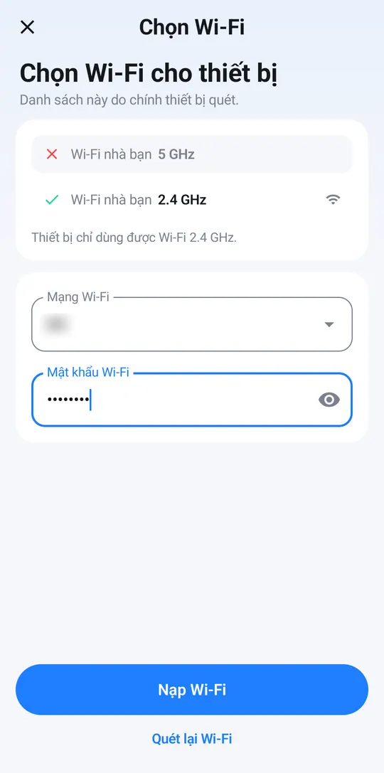Chọn mạng Wi-Fi và nhập mật khẩu cho ổ cắm