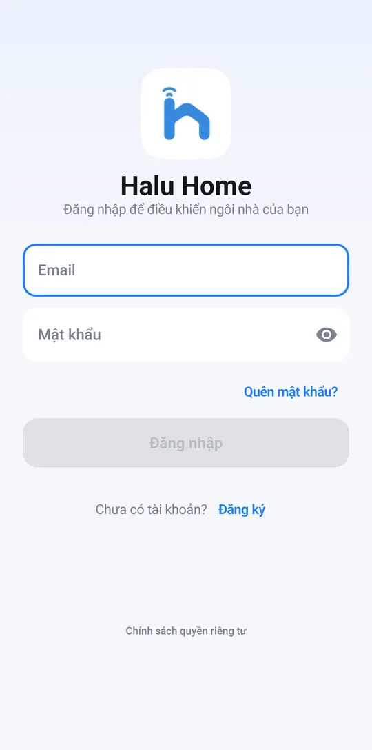 Màn đăng nhập của app Halu Home với ô Email, Mật khẩu và nút Đăng ký