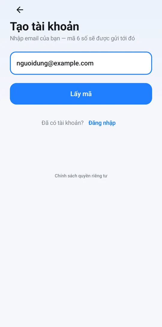 Màn Tạo tài khoản: nhập email rồi chạm Lấy mã