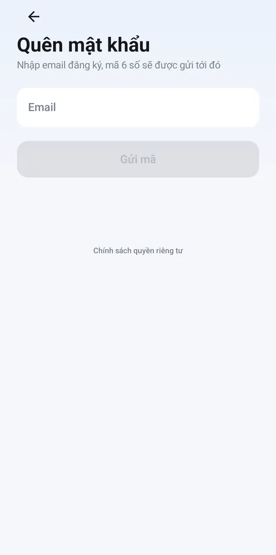 Màn Quên mật khẩu: nhập email rồi chạm Gửi mã