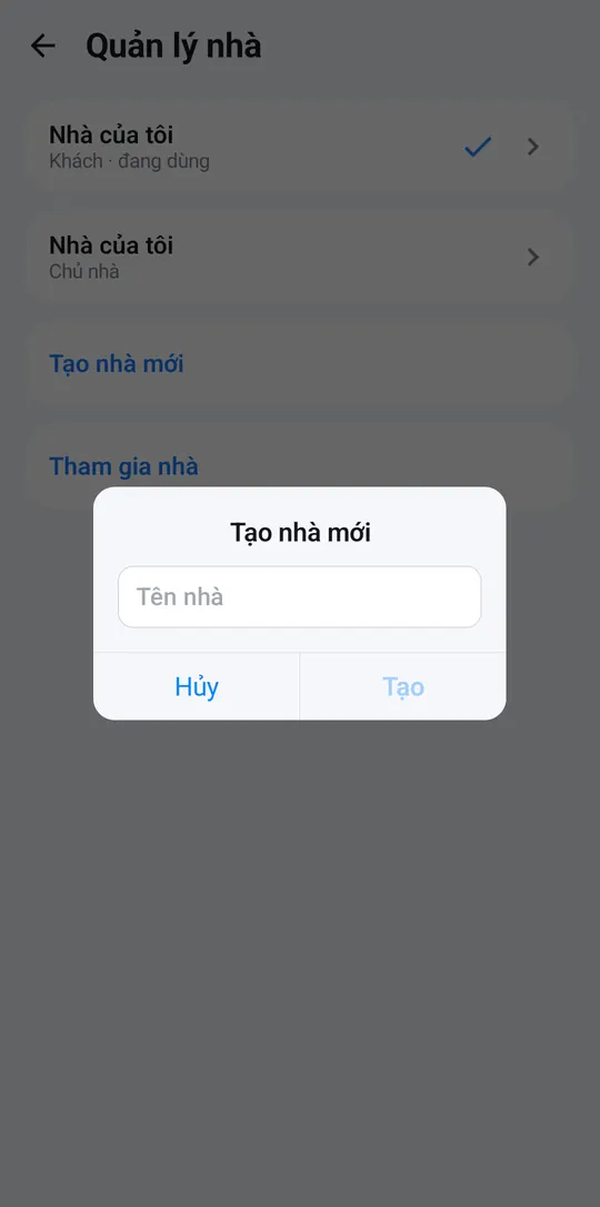Hộp Tạo nhà mới với ô Tên nhà