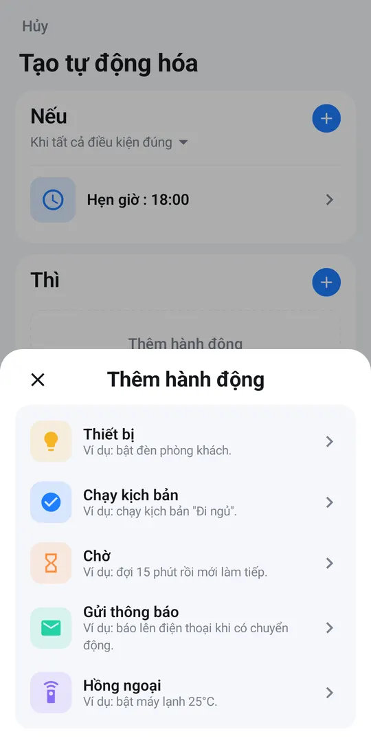Các loại hành động: Thiết bị, Chạy kịch bản, Chờ, Gửi thông báo, Hồng ngoại