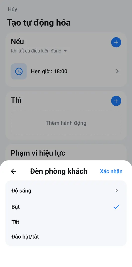 Chọn Bật cho Đèn phòng khách