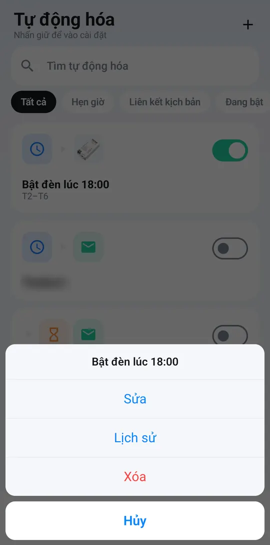 Nhấn giữ thẻ hiện Sửa, Lịch sử, Xóa