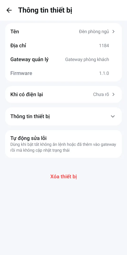 Trang Thông tin thiết bị với nút Xóa thiết bị ở cuối