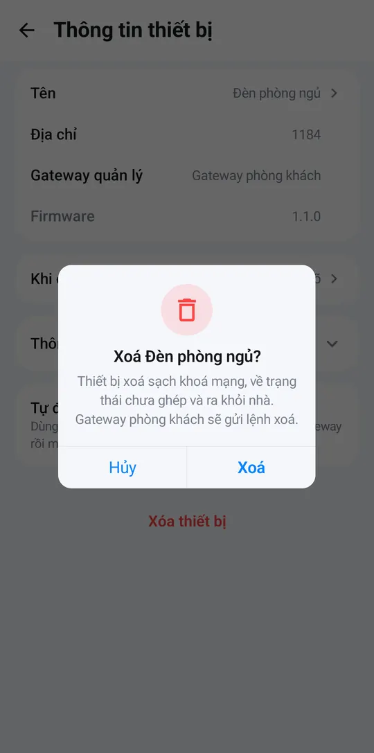 Hộp hỏi Xoá Đèn phòng ngủ? với nút Hủy và Xoá