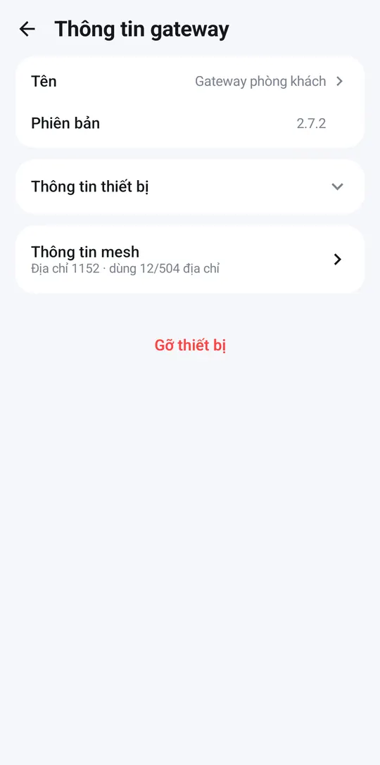 Trang Thông tin gateway với nút Gỡ thiết bị