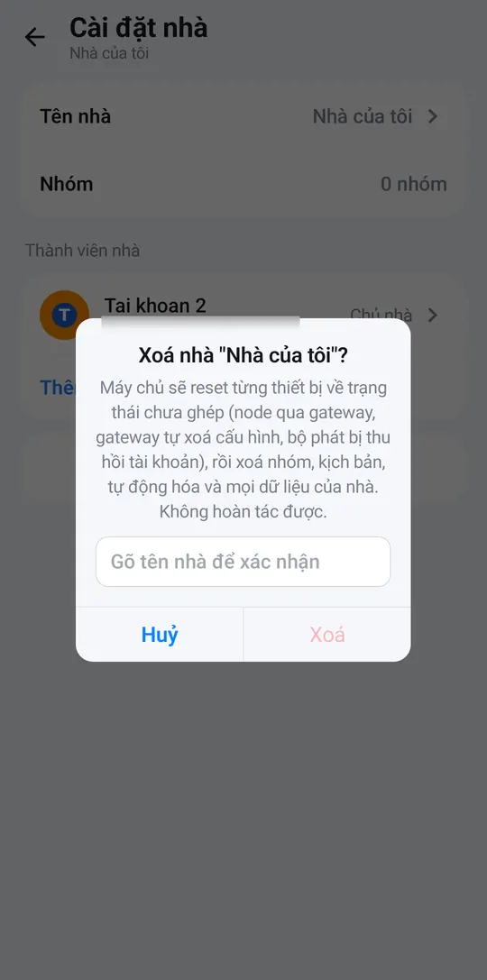 Hộp Xoá nhà yêu cầu gõ tên nhà để xác nhận