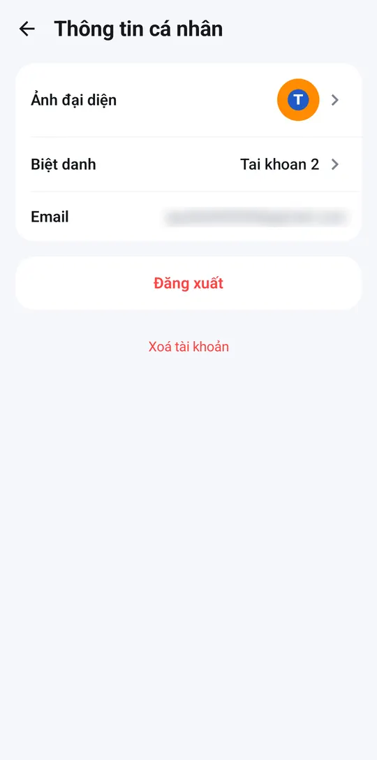 Màn Thông tin cá nhân với Đăng xuất và Xoá tài khoản